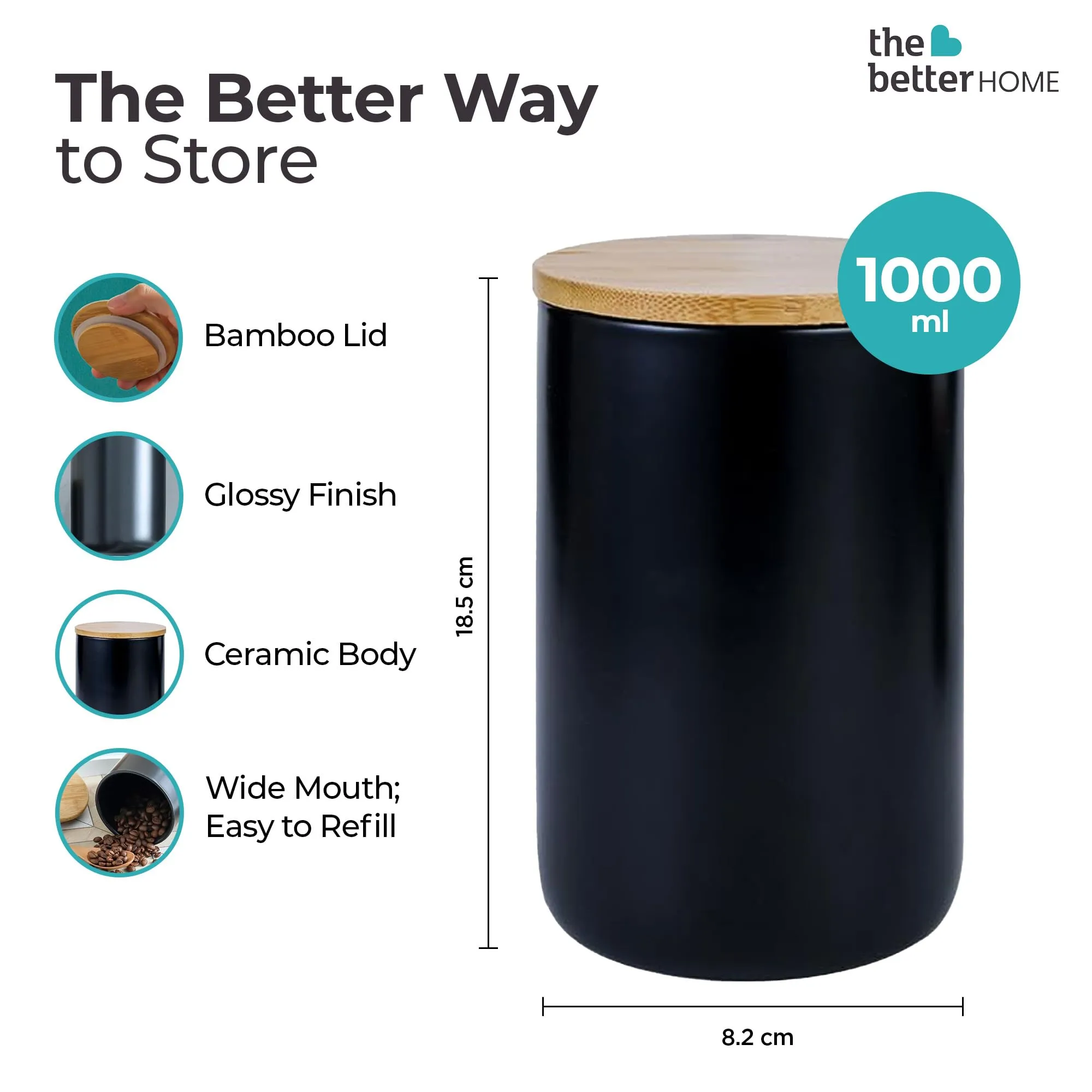 The Better Home UMAI 1000ml Ceramic Jar for Kitchen Storage | Air tight Container Set with Bamboo Lid | Kitchen Container for Snacks, Tea, Sugar | Multipurpose Organizer | Black