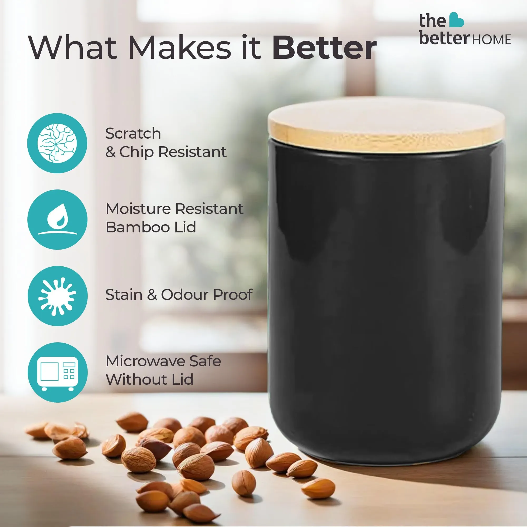 The Better Home UMAI 1000ml Ceramic Jar for Kitchen Storage | Air tight Container Set with Bamboo Lid | Kitchen Container for Snacks, Tea, Sugar | Multipurpose Organizer | Black