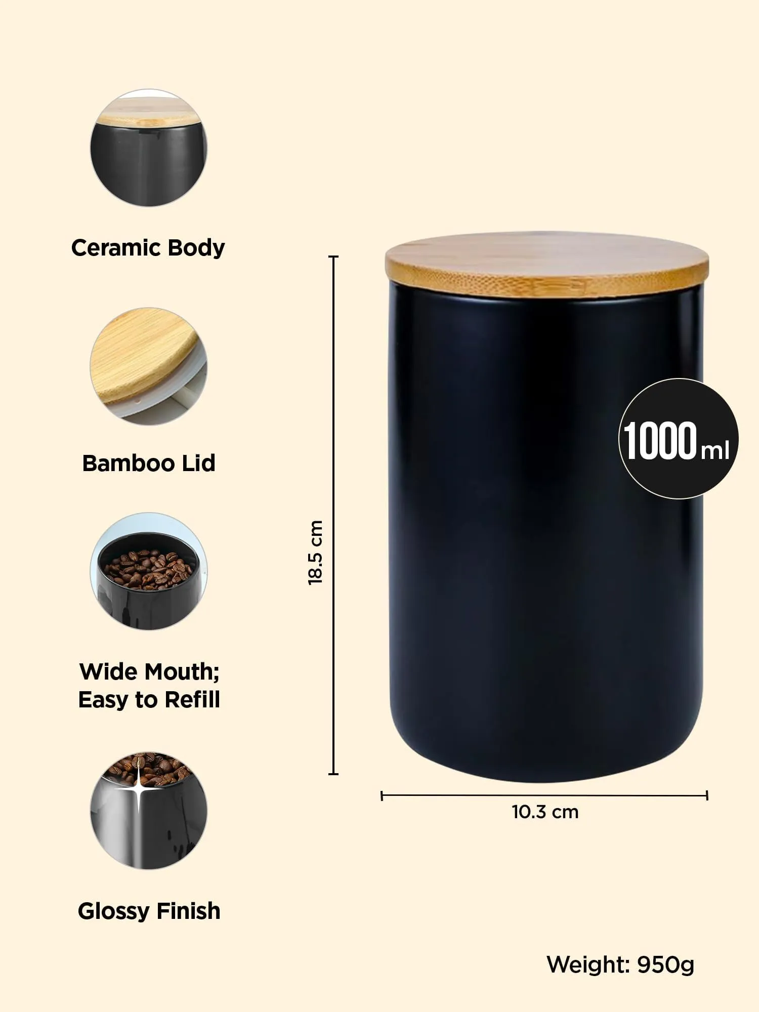UMAI 1000ml Ceramic Jar for Kitchen Storage | Air tight Container Set with Bamboo Lid | Kitchen Container for Snacks, Tea, Sugar | Multipurpose Organizer | Black (Pack of 2)