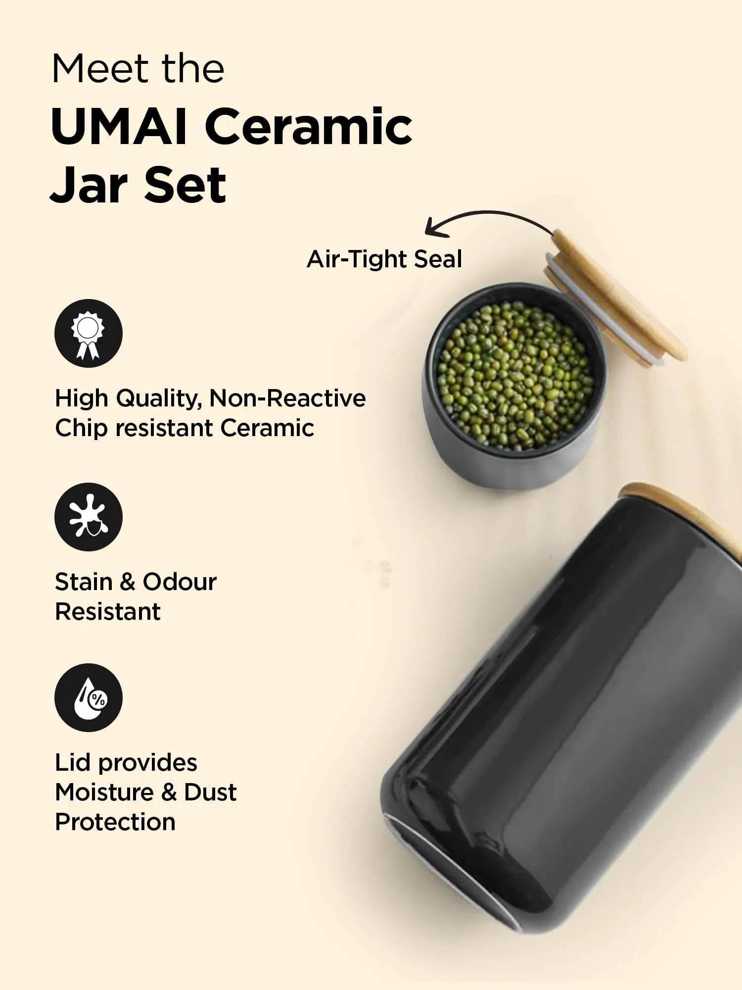 UMAI 1000ml Ceramic Jar for Kitchen Storage | Air tight Container Set with Bamboo Lid | Kitchen Container for Snacks, Tea, Sugar | Multipurpose Organizer | Black (Pack of 2)