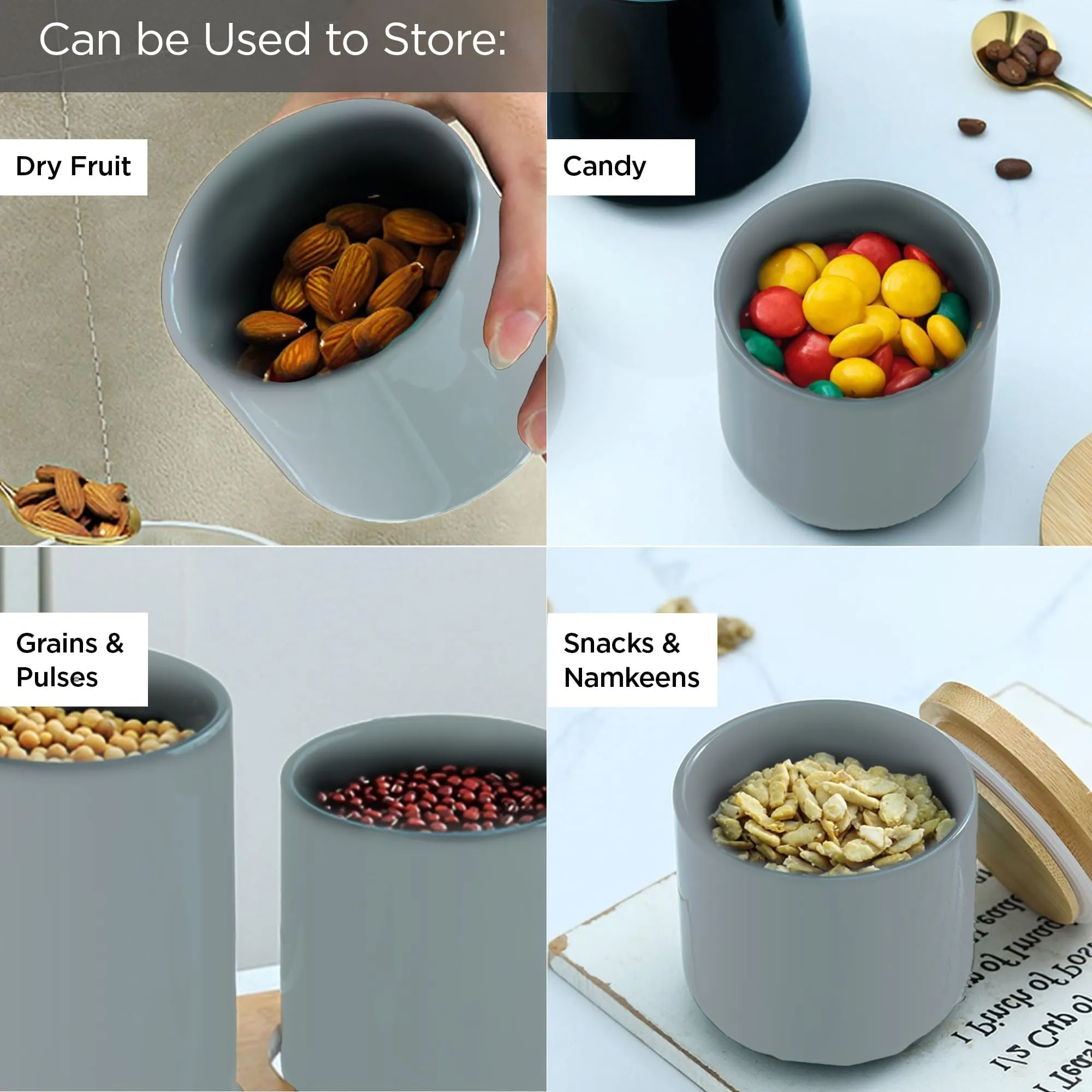UMAI 260ml Ceramic Jar for Kitchen Storage | Air tight Container Set with Bamboo Lid | Kitchen Container for Snacks, Tea, Sugar | Multipurpose Organizer | Grey (Pack of 2)