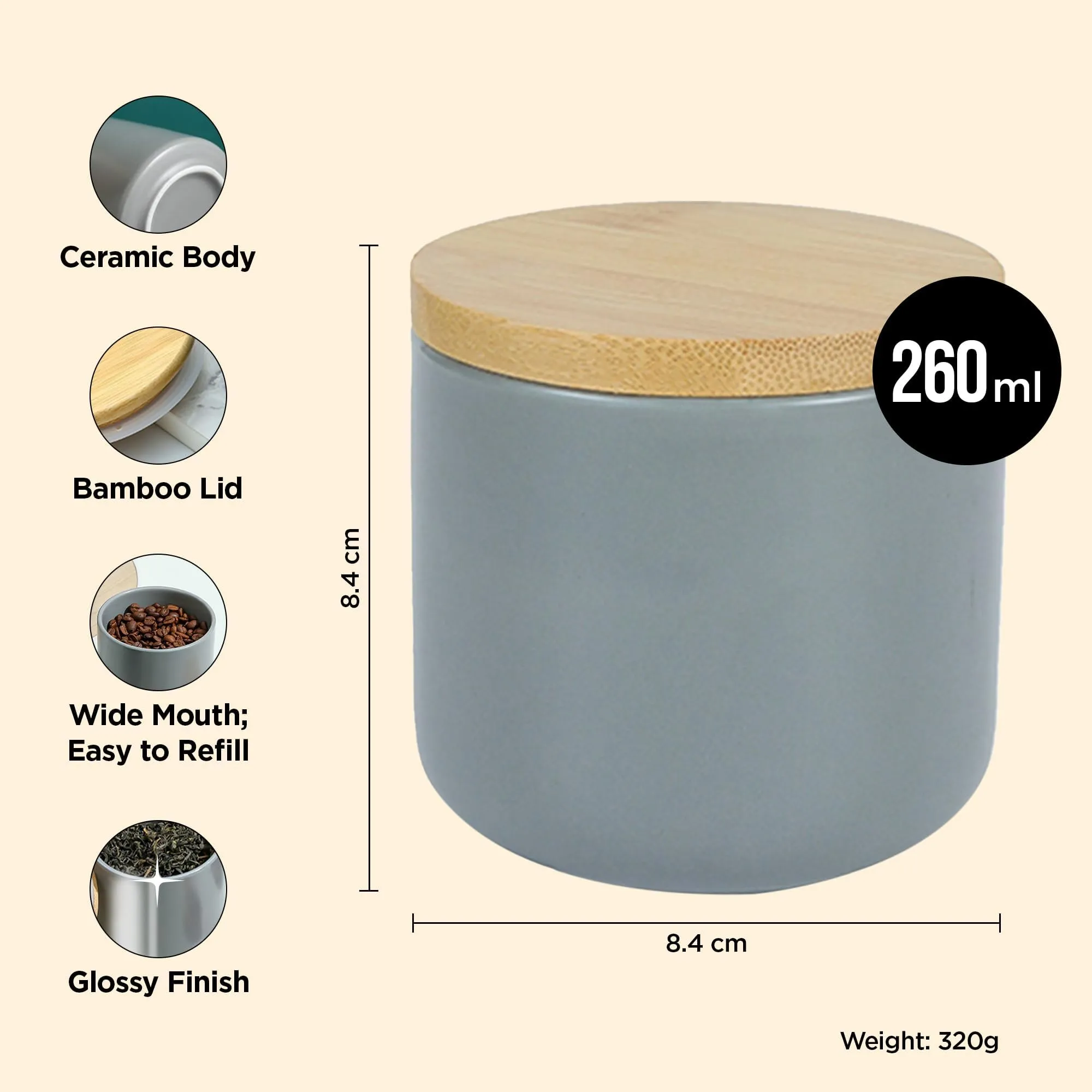 UMAI 260ml Ceramic Jar for Kitchen Storage | Air tight Container Set with Bamboo Lid | Kitchen Container for Snacks, Tea, Sugar | Multipurpose Organizer | Grey (Pack of 2)