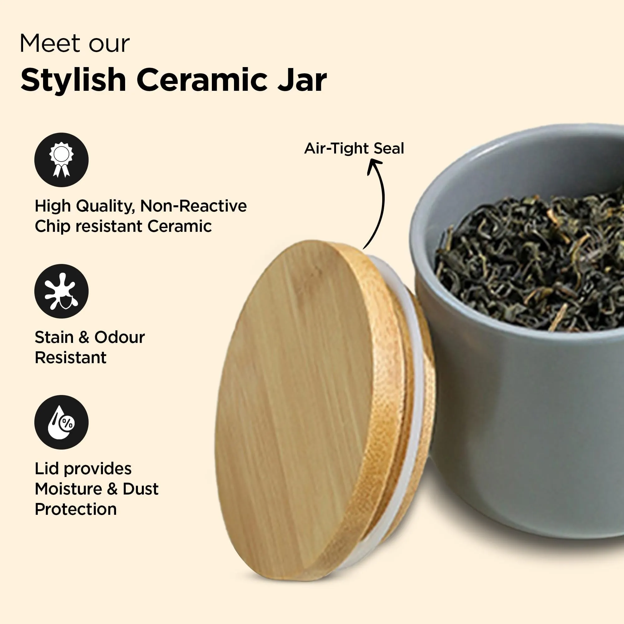 UMAI 260ml Ceramic Jar for Kitchen Storage | Air tight Container Set with Bamboo Lid | Kitchen Container for Snacks, Tea, Sugar | Multipurpose Organizer | Grey (Pack of 2)