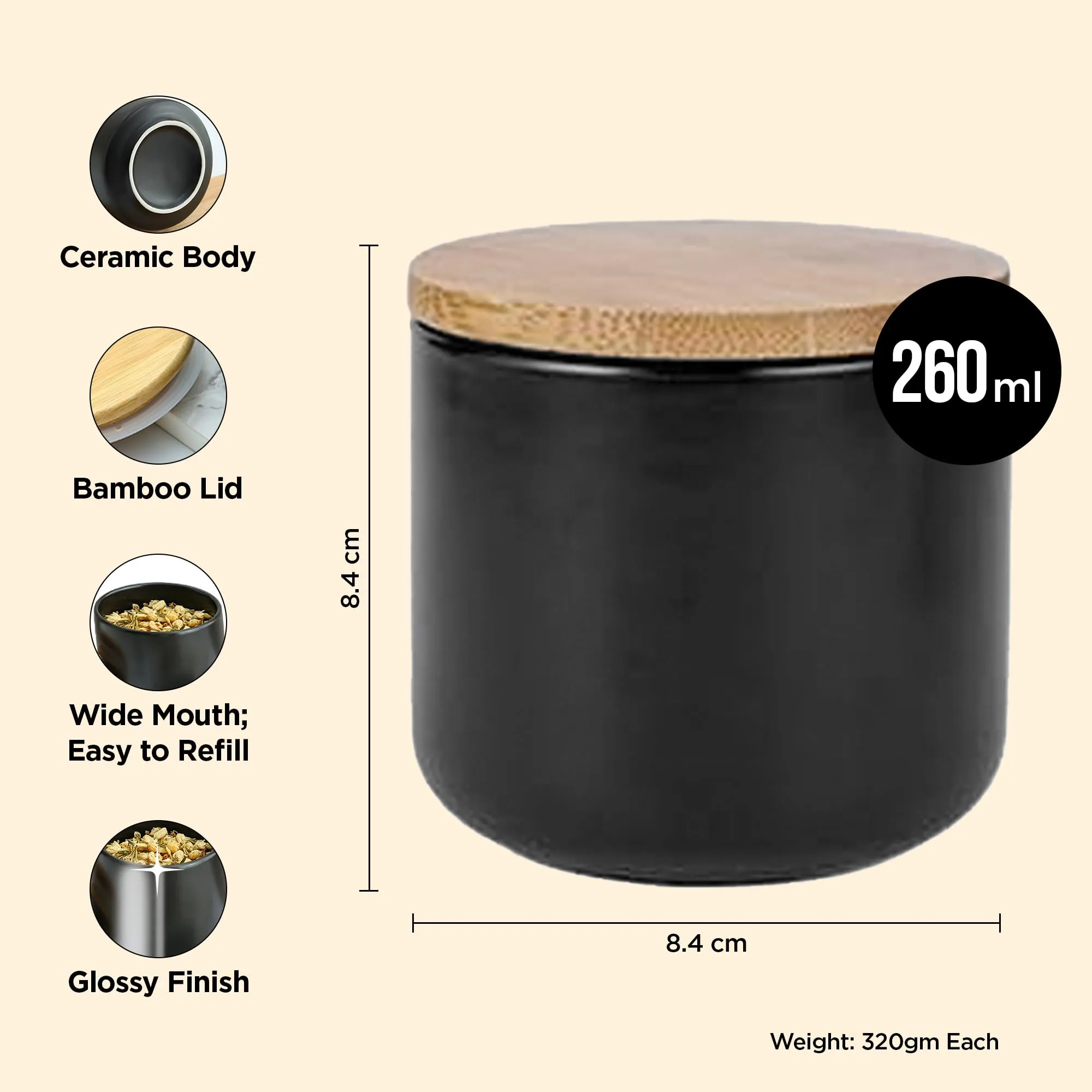 UMAI 260ml Ceramic Jar for Kitchen Storage | Airtight Container Set with Bamboo Lid | Kitchen Container for Snacks, Tea, Sugar | Multipurpose Organizer | Black | Pack of 3