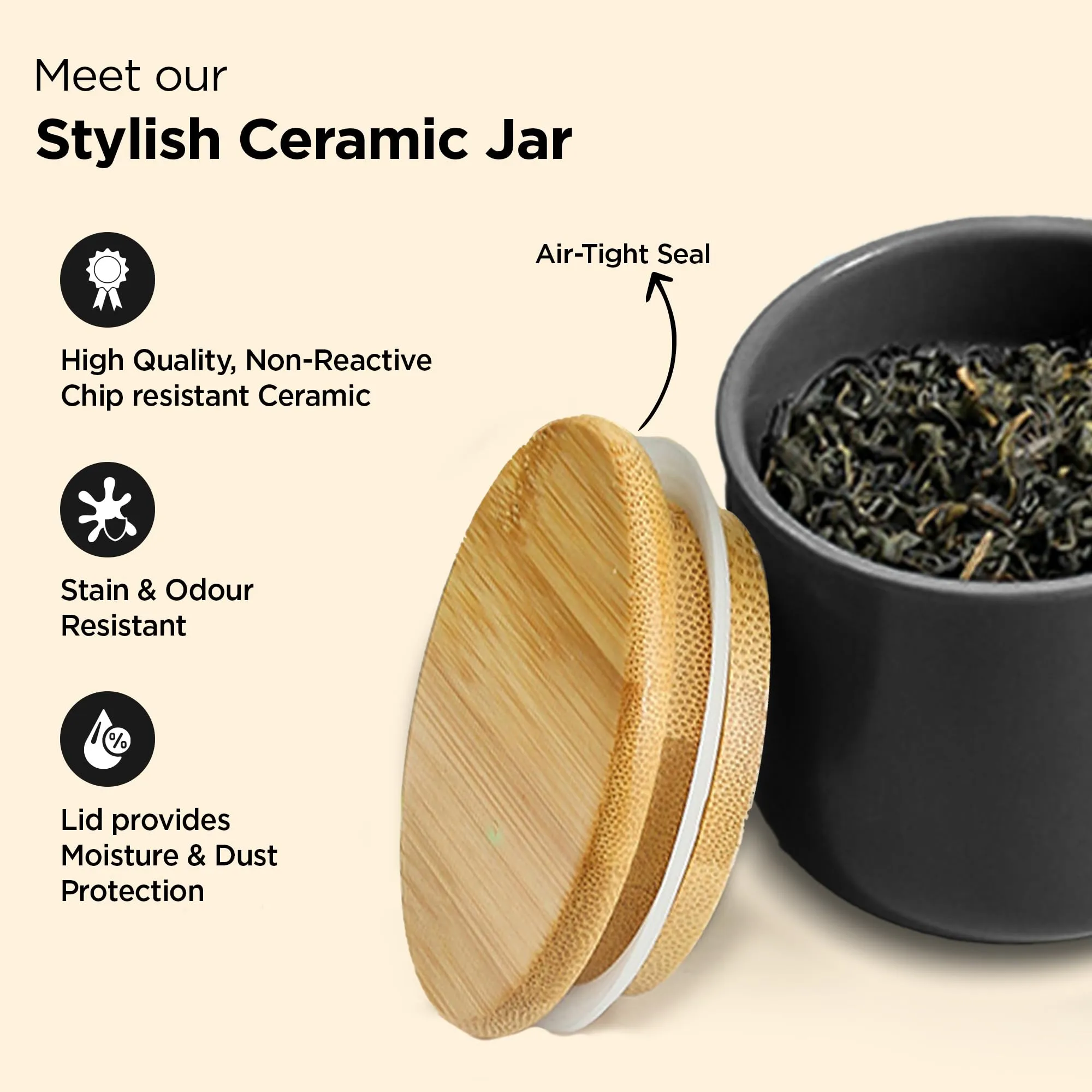 UMAI 260ml Ceramic Jar for Kitchen Storage | Airtight Container Set with Bamboo Lid | Kitchen Container for Snacks, Tea, Sugar | Multipurpose Organizer | Black | Pack of 3