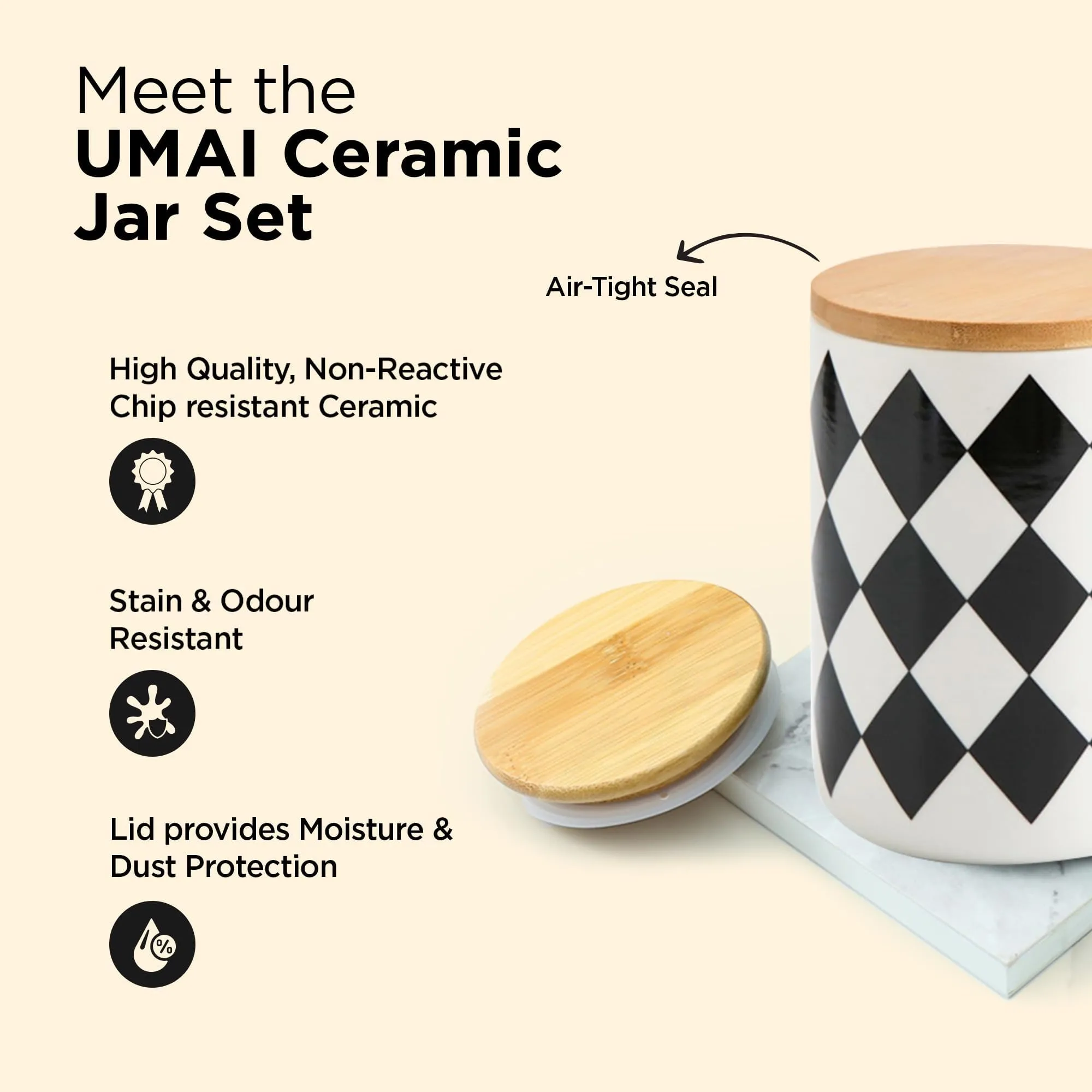 UMAI 800ml Ceramic Jar for Kitchen Storage | Air Tight Container Set with Bamboo Lid | Kitchen Container for Snacks, Tea, Sugar | Multipurpose Organizer | Diamond pattern (Pack of 1) (Pack of 2)