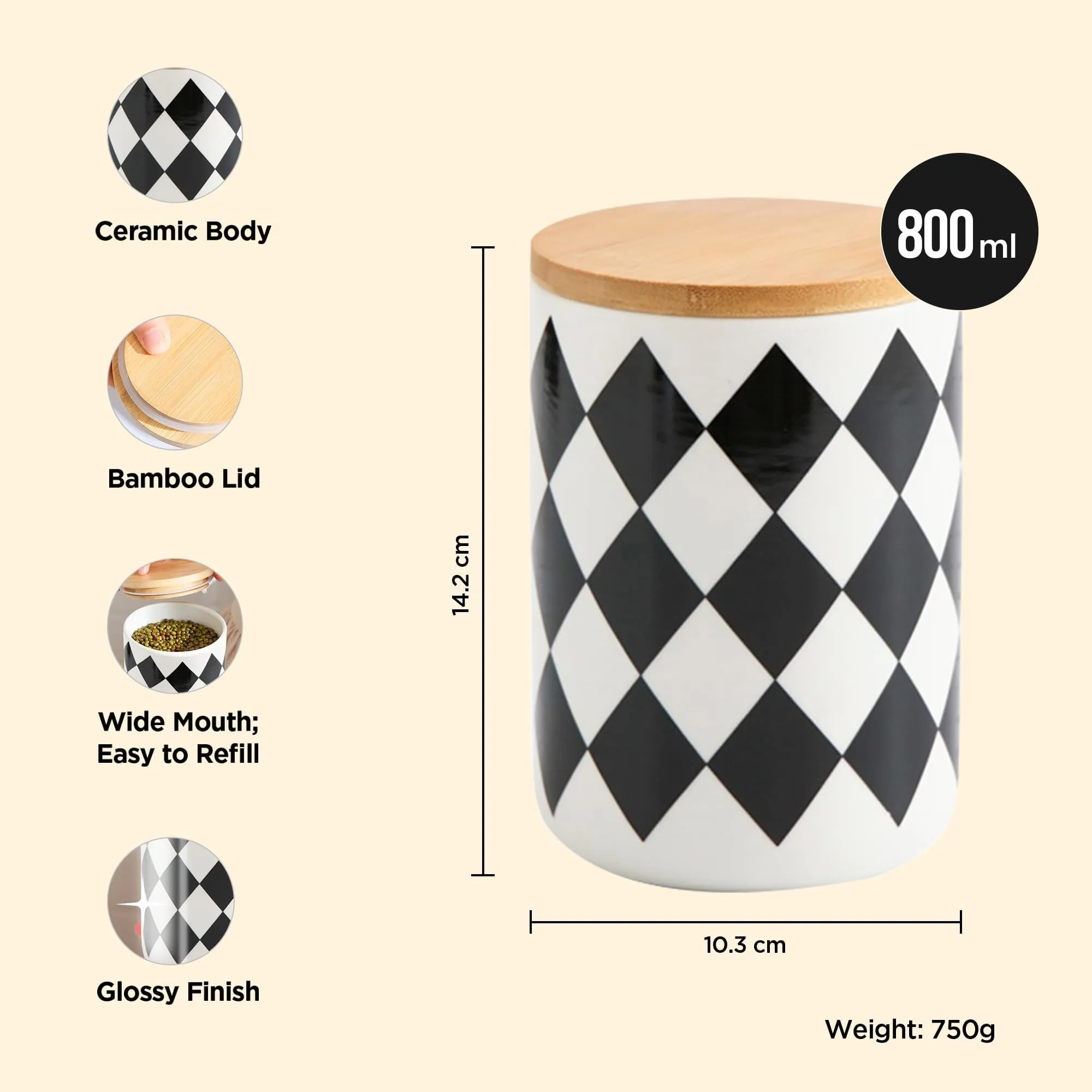 UMAI 800ml Ceramic Jar for Kitchen Storage | Air Tight Container Set with Bamboo Lid | Kitchen Container for Snacks, Tea, Sugar | Multipurpose Organizer | Diamond pattern (Pack of 1) (Pack of 2)