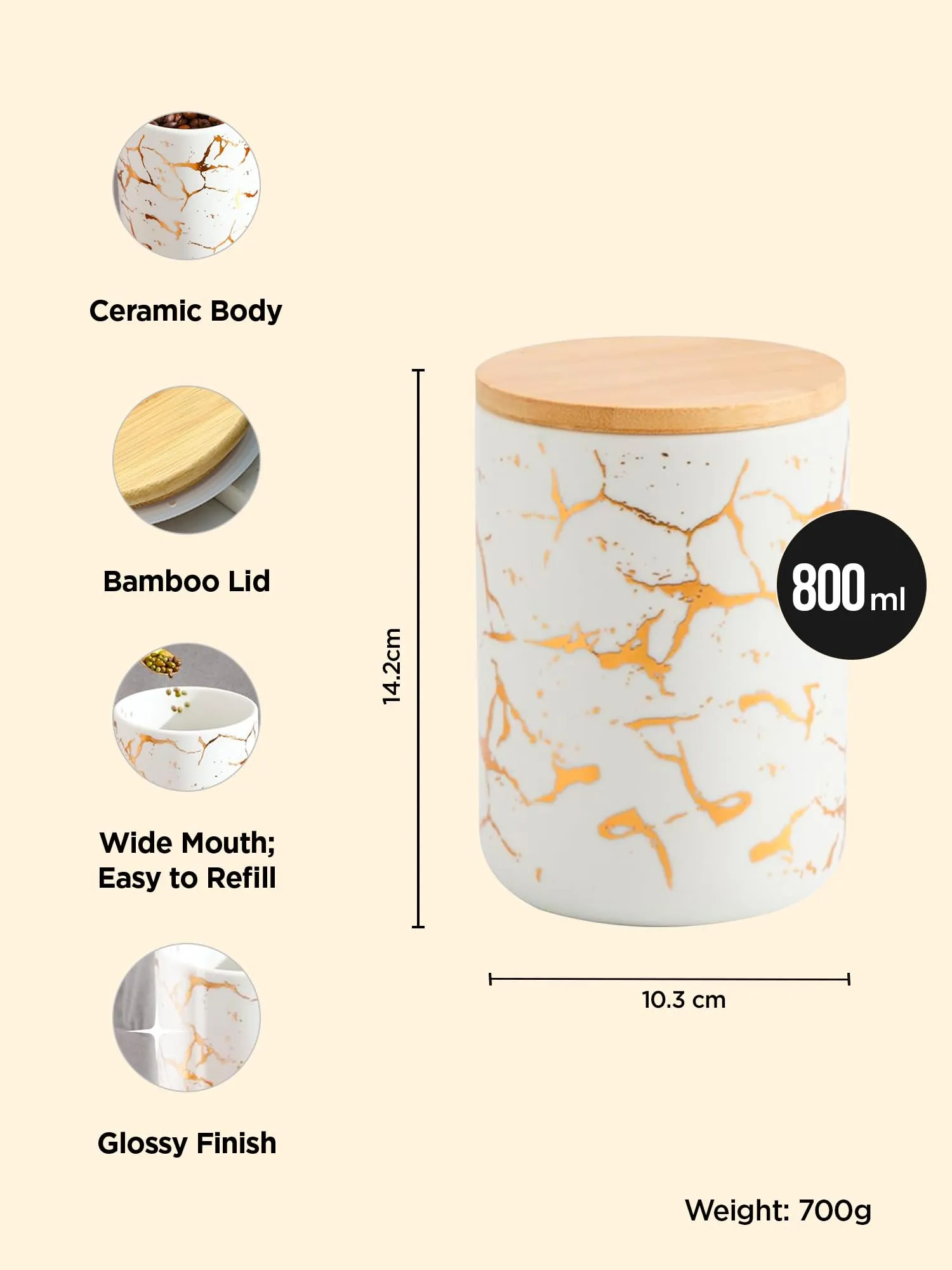 UMAI 800ml Ceramic Jar for Kitchen Storage | Air Tight Container Set with Bamboo Lid | Kitchen Container for Snacks, Tea, Sugar | Multipurpose Organizer | White (Pack of 2)