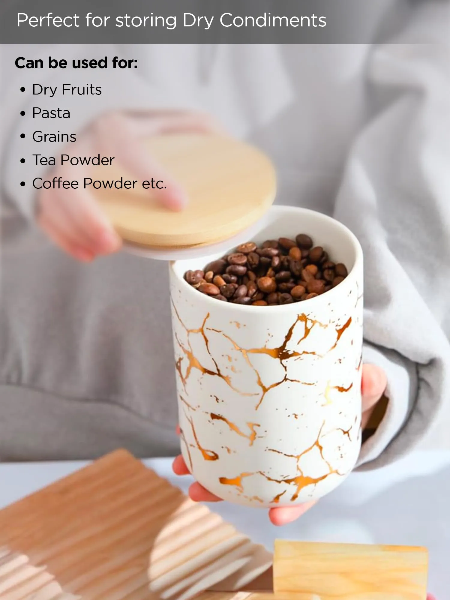 UMAI 800ml Ceramic Jar for Kitchen Storage | Air Tight Container Set with Bamboo Lid | Kitchen Container for Snacks, Tea, Sugar | Multipurpose Organizer | White (Pack of 2)