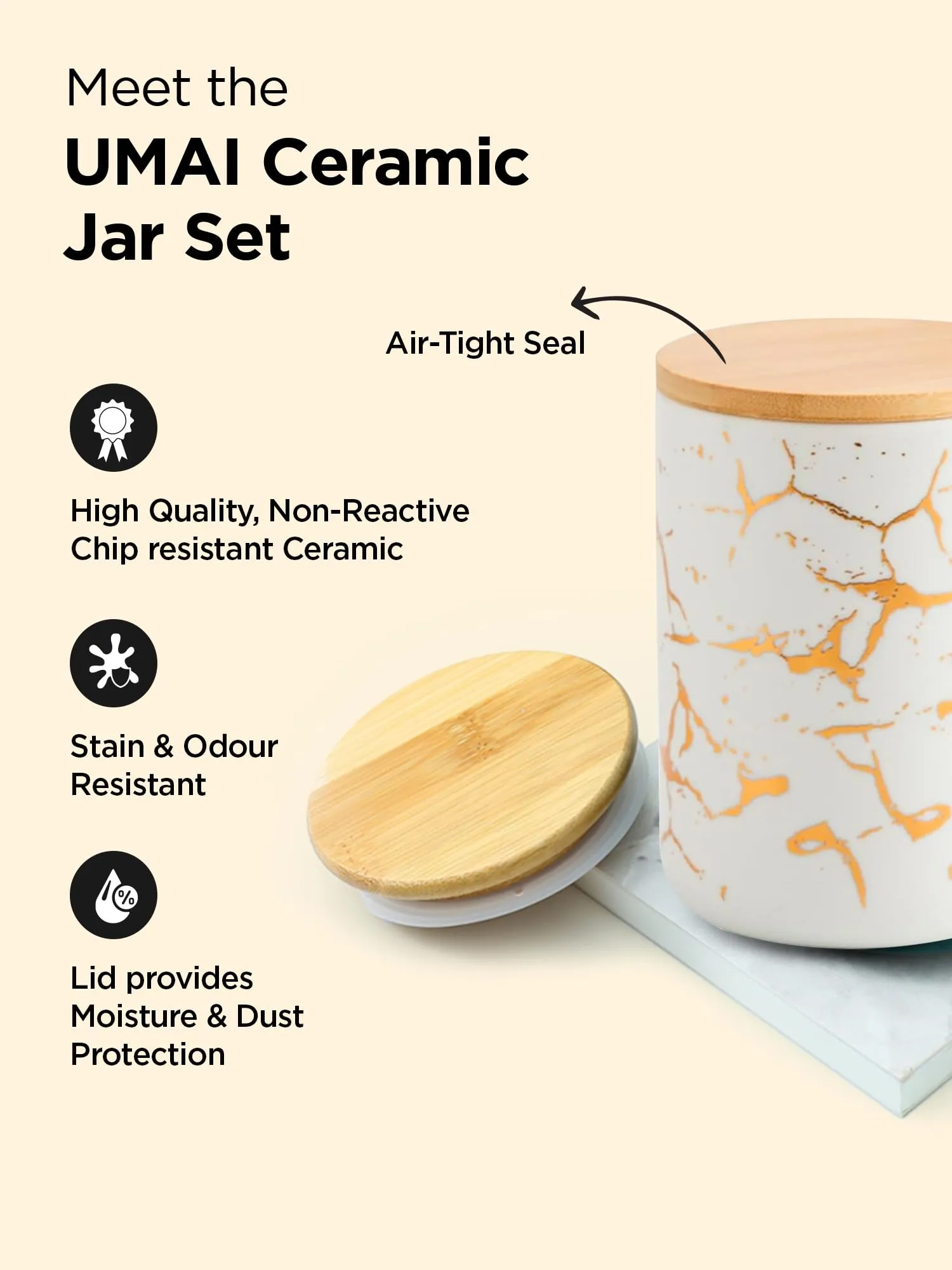 UMAI 800ml Ceramic Jar for Kitchen Storage | Air Tight Container Set with Bamboo Lid | Kitchen Container for Snacks, Tea, Sugar | Multipurpose Organizer | White (Pack of 2)