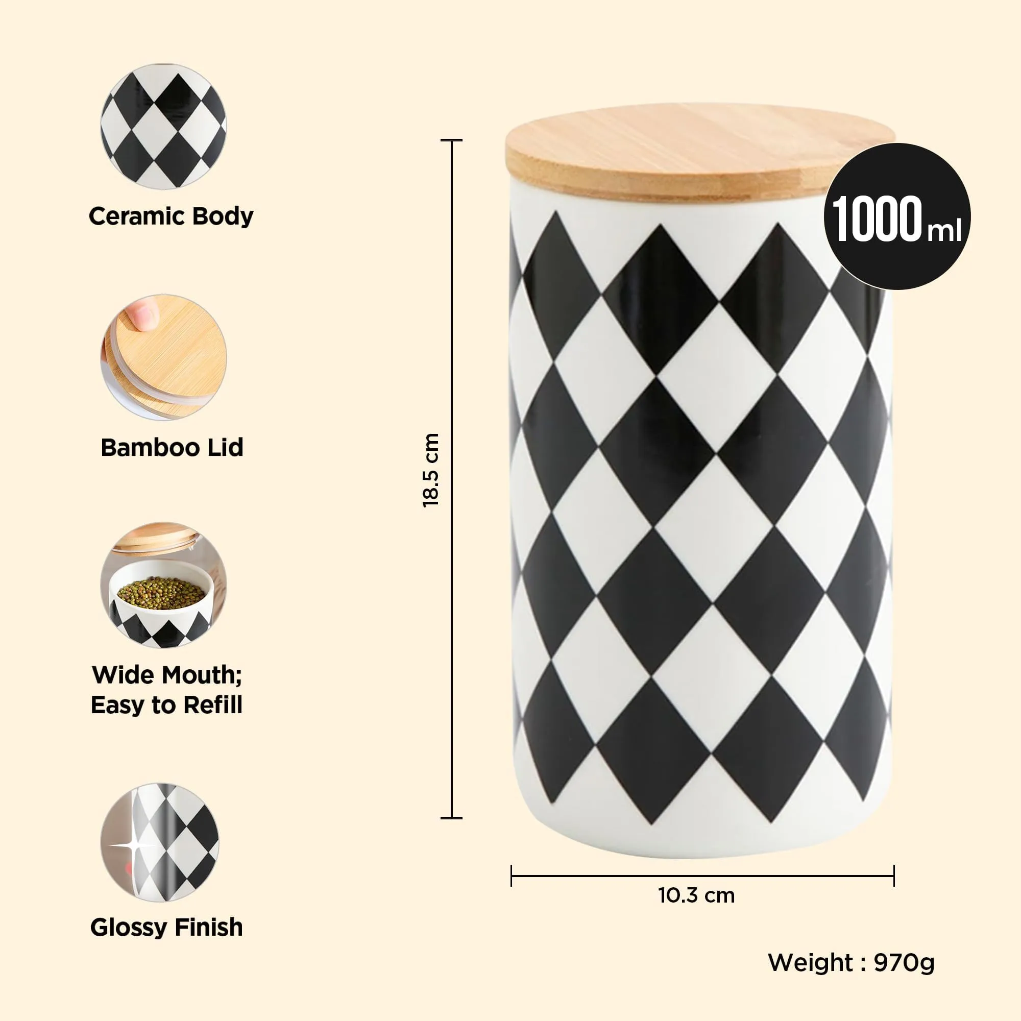 UMAI Ceramic Jar with Bamboo Lid 1000ml | Air Tight Containers for Kitchen Storage | Multipurpose-Tea,Coffee,Snacks,Sugar,Salt,Dry Fruit,Pulses | Kitchen Organizer Items & Storage | (Pack of 2)