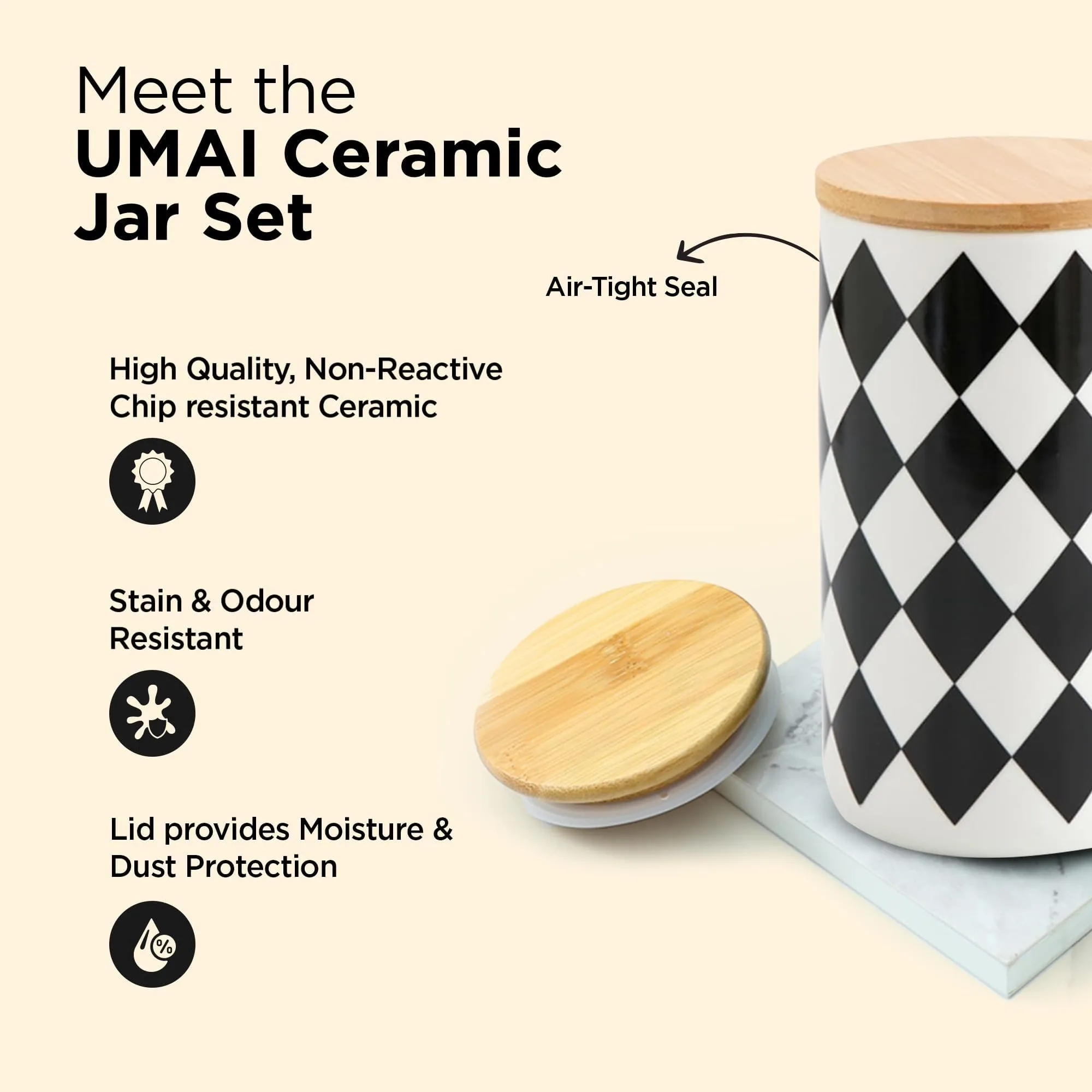 UMAI Ceramic Jar with Bamboo Lid 1000ml | Air Tight Containers for Kitchen Storage | Multipurpose-Tea,Coffee,Snacks,Sugar,Salt,Dry Fruit,Pulses | Kitchen Organizer Items & Storage | (Pack of 2)