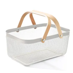 UMAI Metal Mesh Basket for Storage with Wooden Handles (White - 720 Gms) | Organisers Storage Box for Clothes | Storage Baskets | Cloth Organizer for Wardrobe | Bathroom Organiser | Picnic Basket