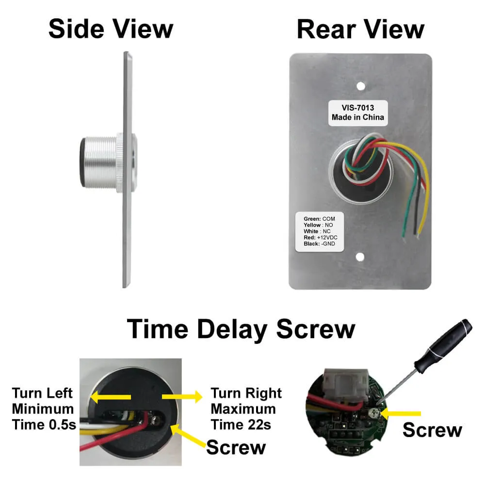 Visionis VIS-7013 - Indoor Stainless Steel No Touch Request to Exit Button with Timer Delay Standard Size with LED Light NC COM and NO Outputs