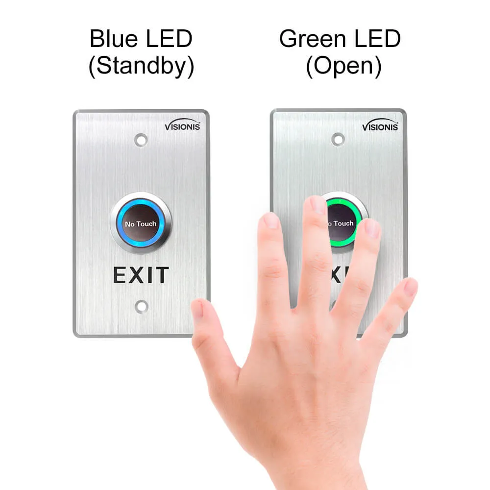 Visionis VIS-7013 - Indoor Stainless Steel No Touch Request to Exit Button with Timer Delay Standard Size with LED Light NC COM and NO Outputs
